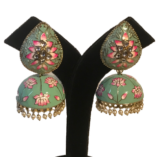 DEEPIKA Meenakari (Hand Painted) Jhumki - Mint