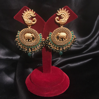 TANISHQ Designer Elephant (Hati) / Peacock Antique Gold Earrings - Emerald Green
