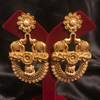 TANISHQ Designer Elephant (Hati) Antique Gold Earrings - Golden