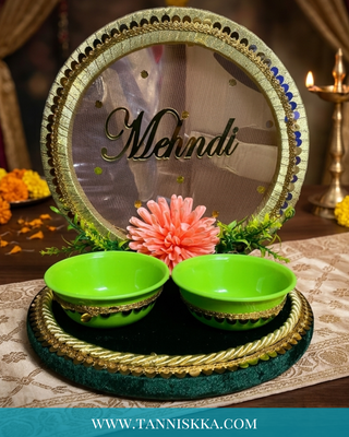 Handcrafted Mehndi Platter with Bowls & Stand | Decorative Mehendi Ceremony Decor Tray