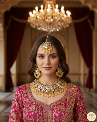Luxury yellow glass work Kundan bridal necklace set with matching earrings and headpiece, statement jewelry for South Asian weddings and nikah ceremonies.