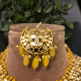 Luxury yellow glass work Kundan bridal necklace set with matching earrings and headpiece, statement jewelry for South Asian weddings and nikah ceremonies.