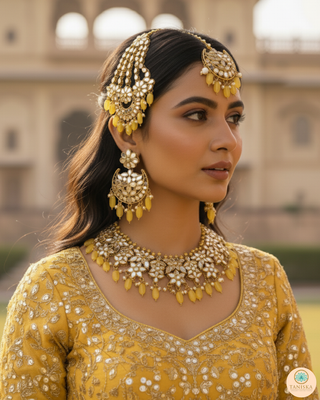 Luxury yellow glass work Kundan bridal necklace set with matching earrings and headpiece, statement jewelry for South Asian weddings and nikah ceremonies.