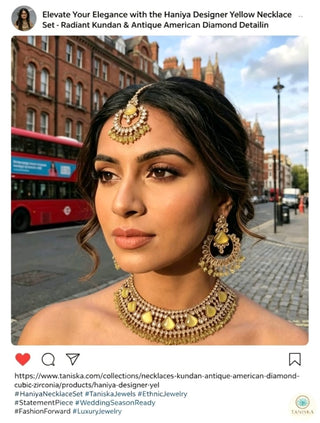 Luxury yellow Kundan bridal necklace set with matching earrings and maang tikka, elegant statement jewelry for South Asian weddings and nikah ceremonies.