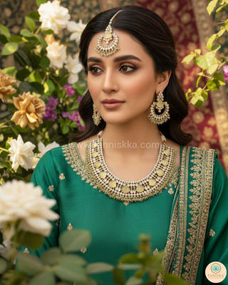 Luxury yellow Kundan bridal necklace set with matching earrings and maang tikka, elegant statement jewelry for South Asian weddings and nikah ceremonies.