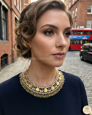 Luxury yellow Kundan bridal necklace set with matching earrings and maang tikka, elegant statement jewelry for South Asian weddings and nikah ceremonies.
