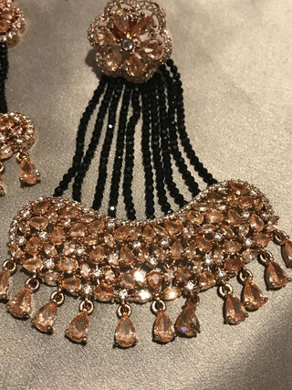 American Diamond Style Statement Earring & Tikka Set - Rose Gold & Navy
