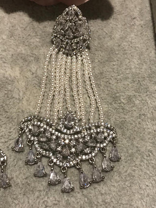 American Diamond Style Earring & Tikka Set - Silver