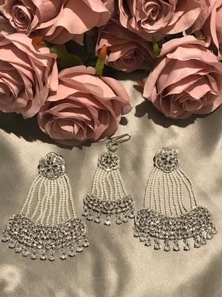 American Diamond Style Statement Earring & Tikka Set - Silver/Clear