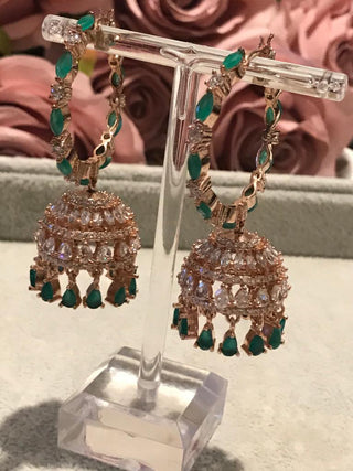 American Diamond Style Statement Earring & Tikka Set - Emerald Green / Rose Gold