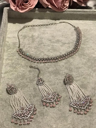 American Diamond Style Necklace Set - Silver/Baby Pink