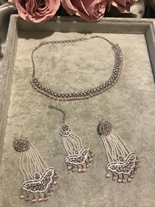 American Diamond Style Necklace Set - Silver/Baby Pink