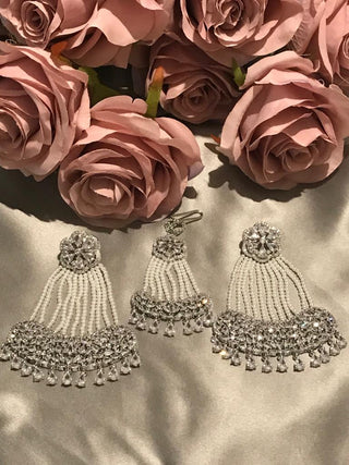 American Diamond Style Statement Earring & Tikka Set - Silver/Clear