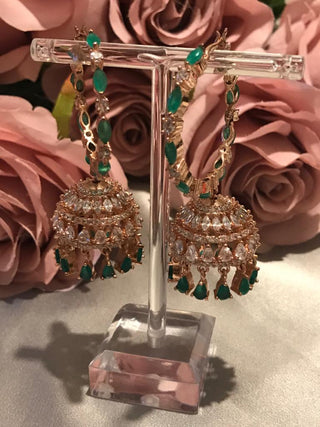 American Diamond Style Statement Earring & Tikka Set - Emerald Green / Rose Gold