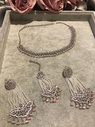 American Diamond Style Necklace Set - Silver/Baby Pink