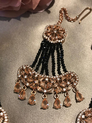 American Diamond Style Statement Earring & Tikka Set - Rose Gold & Navy