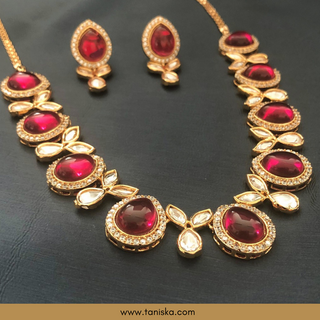 Ruby Red Kundan Traditional Necklace Set - Antique Gold