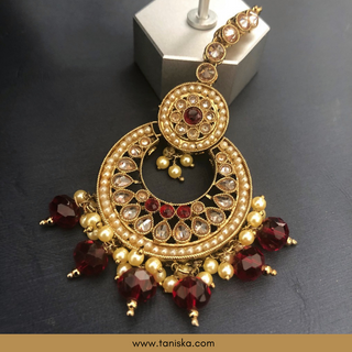 Maroon Traditional Necklace Set - Antique Gold