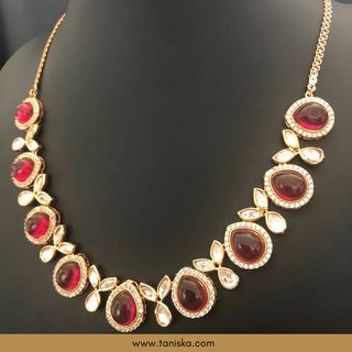 Ruby Red Kundan Traditional Necklace Set - Antique Gold