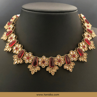 Ruby Traditional Necklace Set - Antique Gold
