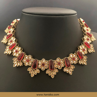 Ruby Traditional Necklace Set - Antique Gold