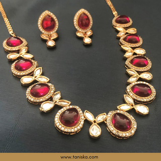 Ruby Red Kundan Traditional Necklace Set - Antique Gold