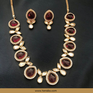 Ruby Red Kundan Traditional Necklace Set - Antique Gold