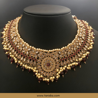 Maroon Traditional Necklace Set - Antique Gold