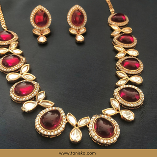 Ruby Red Kundan Traditional Necklace Set - Antique Gold