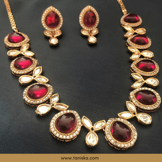 Ruby Red Kundan Traditional Necklace Set - Antique Gold