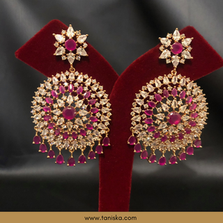 American Diamond Style, Cubic Zirconia Statement Earring & Tikka Set - Hot Pink/Rose Gold