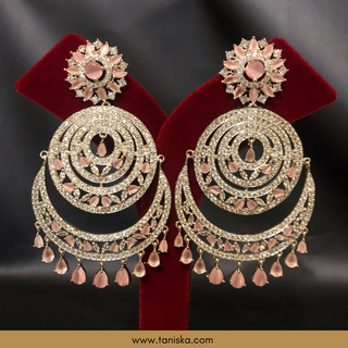 NO TIKKA - American Diamond Style, Cubic Zirconia Statement Earring & Tikka Set - Silver/Baby Pink