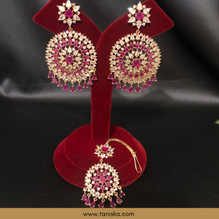 American Diamond Style, Cubic Zirconia Statement Earring & Tikka Set - Hot Pink/Rose Gold