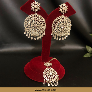 American Diamond Style, Cubic Zirconia Statement Earring & Tikka Set - Silver
