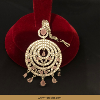 NO TIKKA - American Diamond Style, Cubic Zirconia Statement Earring & Tikka Set - Silver/Baby Pink