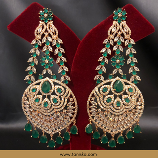 American Diamond Style, Cubic Zirconia Statement Earring & Tikka Set - Gold Plated / Emerald Green
