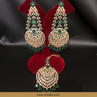 American Diamond Style, Cubic Zirconia Statement Earring & Tikka Set - Gold Plated / Emerald Green