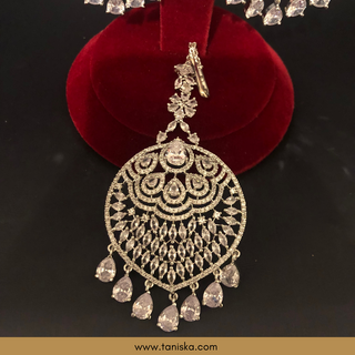 American Diamond Style, Cubic Zirconia Statement Earring & Tikka Set - Silver Plated