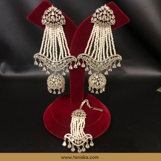 American Diamond Style, Cubic Zirconia Statement Earring & Tikka Set - Silver