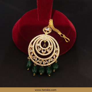 American Diamond Style, Cubic Zirconia Statement Earring & Tikka Set - Gold Plated / Emerald Green