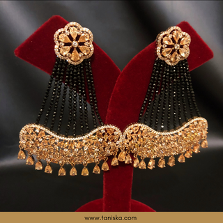 American Diamond Style Statement Earring & Tikka Set - Rose Gold & Navy