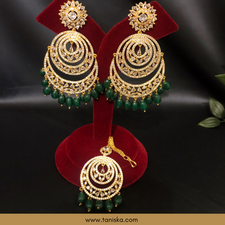American Diamond Style, Cubic Zirconia Statement Earring & Tikka Set - Gold Plated / Emerald Green
