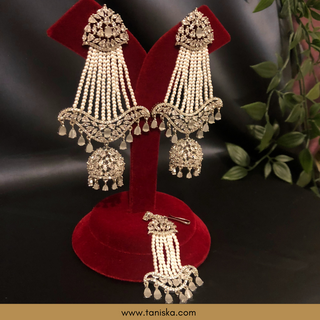 American Diamond Style, Cubic Zirconia Statement Earring & Tikka Set - Misty Grey / Silver