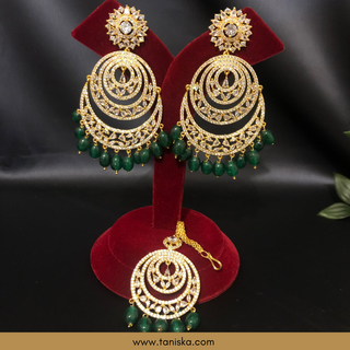 American Diamond Style, Cubic Zirconia Statement Earring & Tikka Set - Gold Plated / Emerald Green