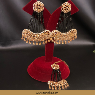 American Diamond Style Statement Earring & Tikka Set - Rose Gold & Navy