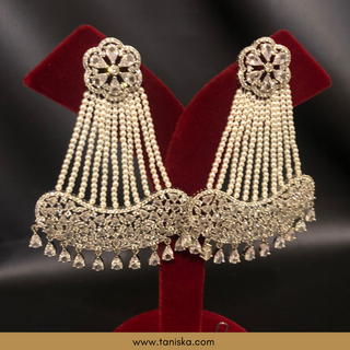 American Diamond Style Statement Earring & Tikka Set - Silver/Clear