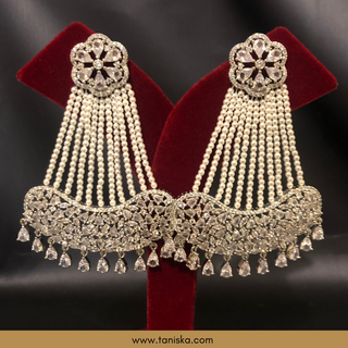 American Diamond Style Statement Earring & Tikka Set - Silver/Clear