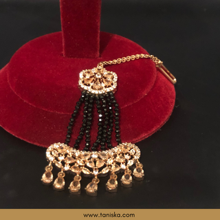American Diamond Style Statement Earring & Tikka Set - Rose Gold & Navy