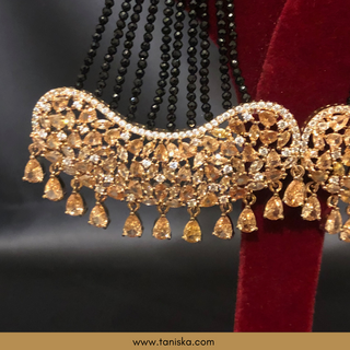 American Diamond Style Statement Earring & Tikka Set - Rose Gold & Navy