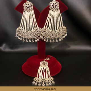 American Diamond Style Statement Earring & Tikka Set - Silver/Clear